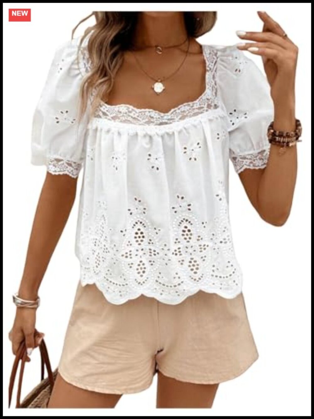 Women's Lace Eyelet Puff Sleeve Square Neck Boho Embroidered Blouse